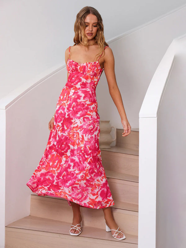 Floral Print Maxi Dress with Thin Straps and Low-Cut Back Maxi Dresses MyDresses Rose 8 | S 
