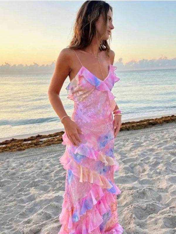 Floral Print Maxi Dress with Ruffled Wavy Edge Design Group5 MyDresses Pink 8 | S