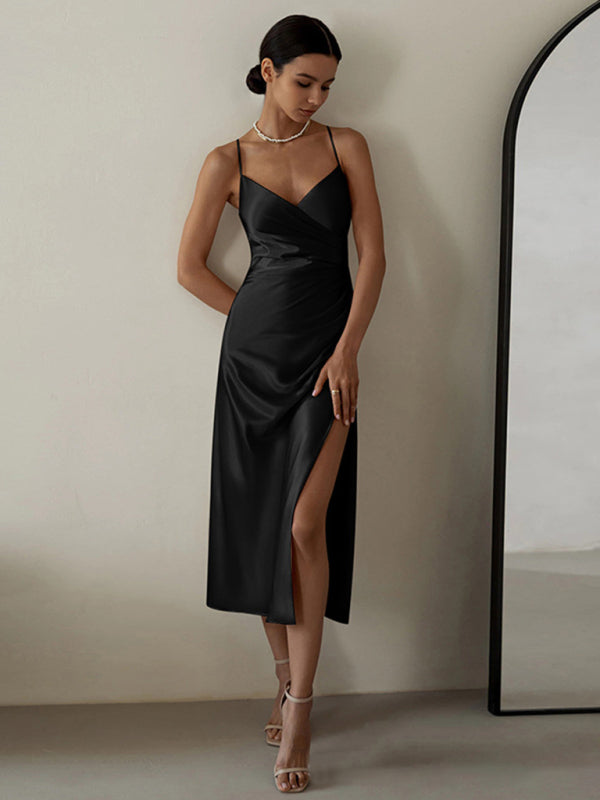 V-neck Satin Midi Dress with Pleated Waist and Slit Group2 MyDresses Black 8 | S