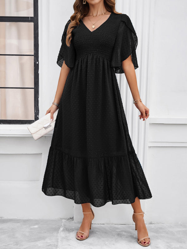 V-Neck Maxi Dress with Smocked Bodice and Flutter Sleeves Group5 MyDresses Black 8 | S