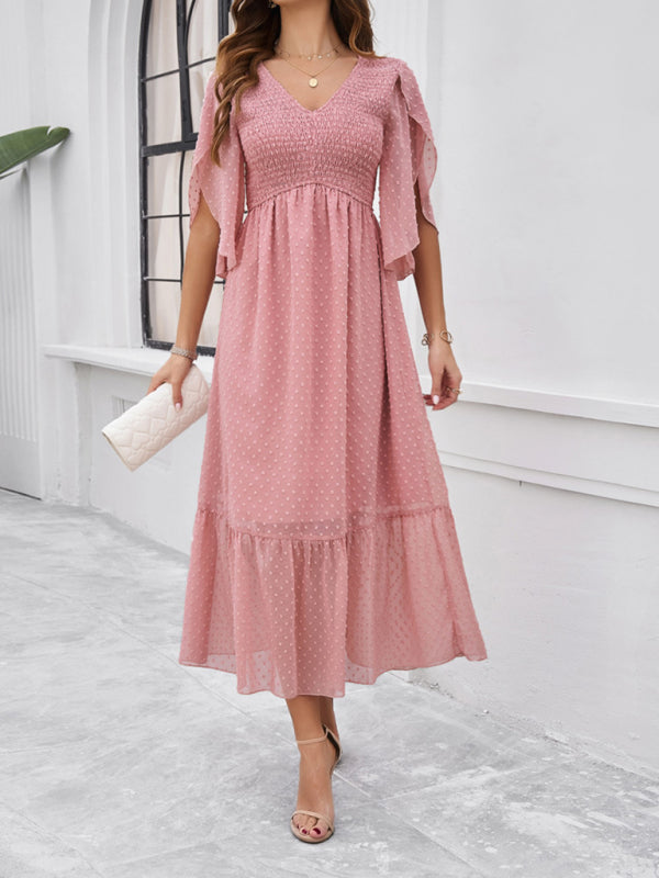 V-Neck Maxi Dress with Smocked Bodice and Flutter Sleeves Group5 MyDresses Pink 8 | S
