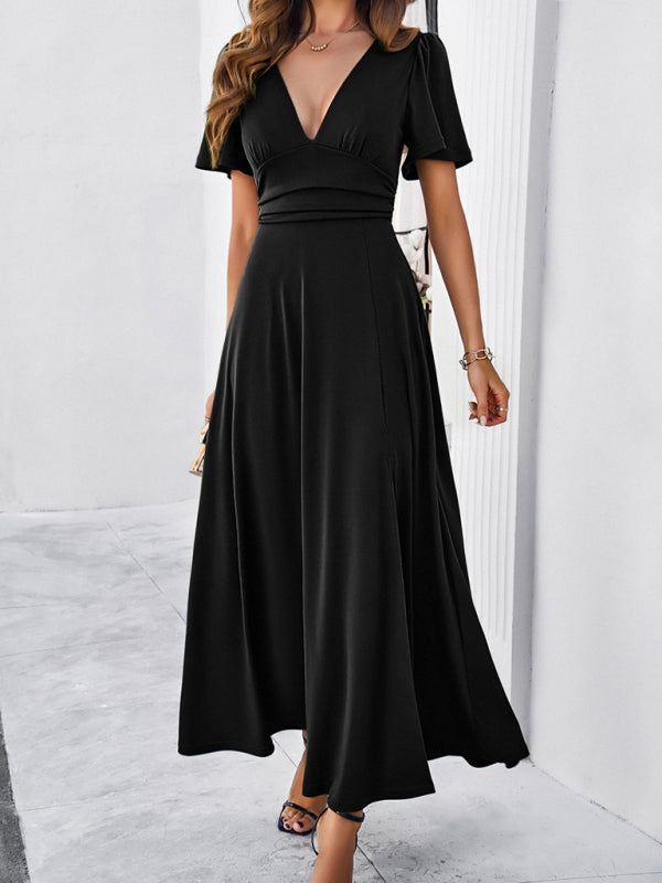 V-neck Maxi Dress with Wrap-Style Design and High Slit Group3 MyDresses Black 8 | S