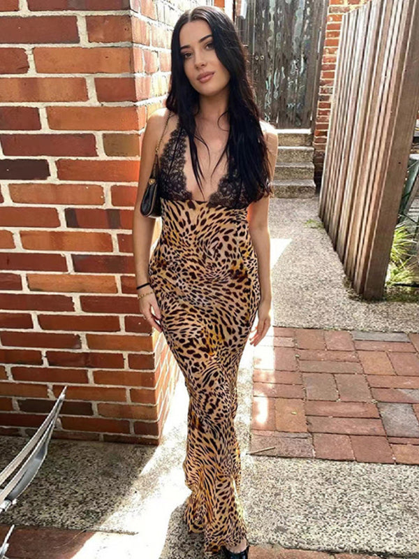 Lace Backless Maxi Dress with Floral Print Group6 MyDresses Leopard 8 | S