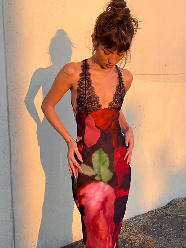 Lace Backless Maxi Dress with Floral Print Group6 MyDresses Red 8 | S