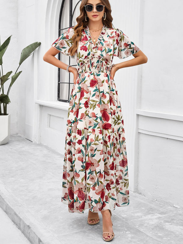 Floral Print Midi Dress with Smocked Waist and Front Slit Midi Dresses MyDresses Khaki 8 | S 
