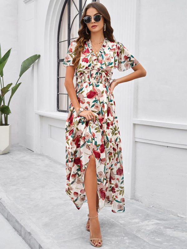 Floral Print Midi Dress with Smocked Waist and Front Slit Midi Dresses MyDresses 