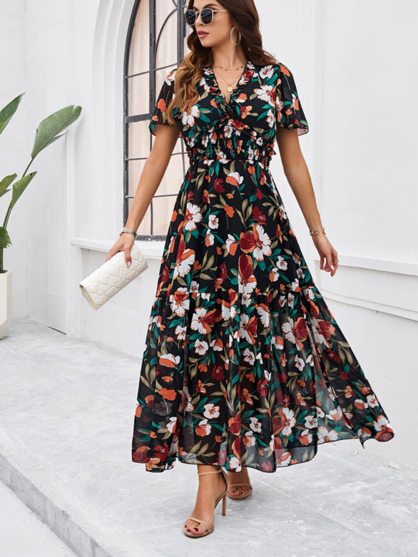 Floral Print Midi Dress with Smocked Waist and Front Slit Midi Dresses MyDresses 