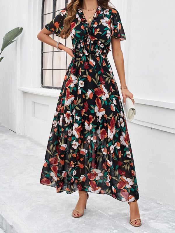Floral Print Midi Dress with Smocked Waist and Front Slit Midi Dresses MyDresses Black 8 | S 