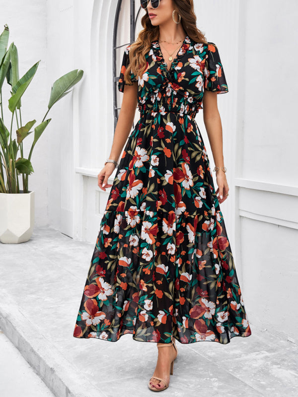 Floral Print Midi Dress with Smocked Waist and Front Slit Midi Dresses MyDresses 