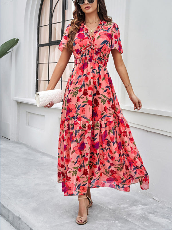 Floral Print Midi Dress with Smocked Waist and Front Slit Midi Dresses MyDresses Pink 8 | S 
