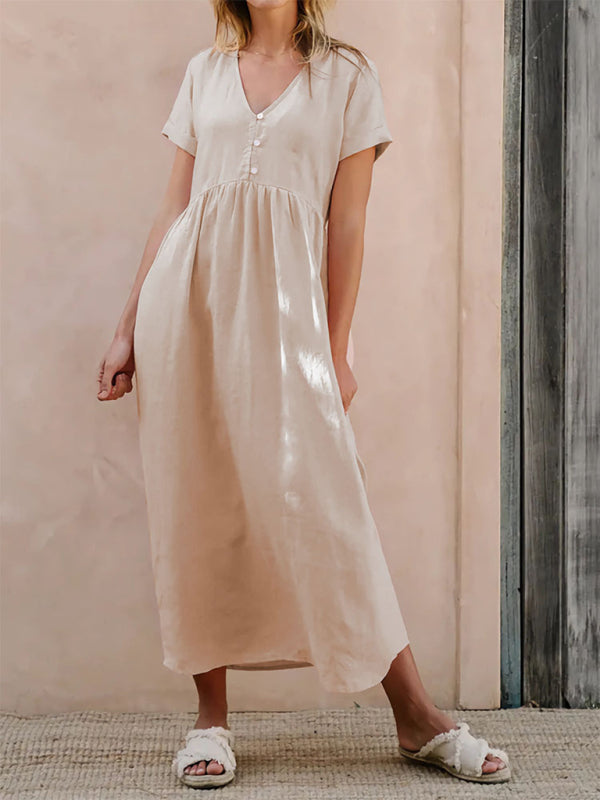 V-Neck Midi Dress with Button-Down Detail and Empire Waist Group8 MyDresses Khaki 8 | S