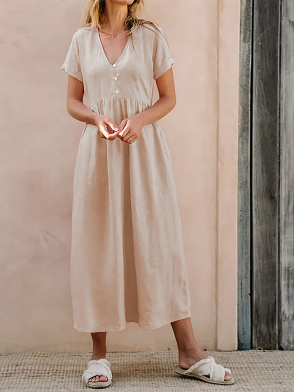 V-Neck Midi Dress with Button-Down Detail and Empire Waist Group8 MyDresses