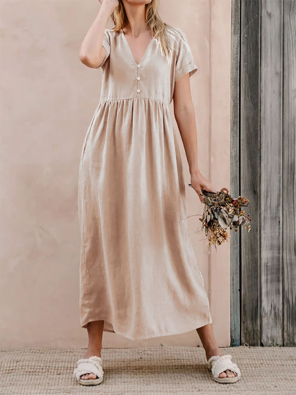 V-Neck Midi Dress with Button-Down Detail and Empire Waist Group8 MyDresses