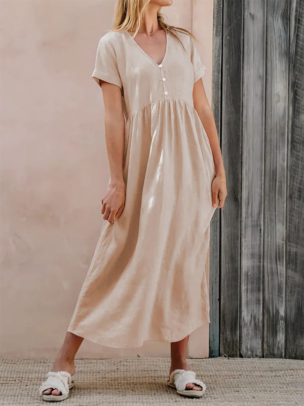 V-Neck Midi Dress with Button-Down Detail and Empire Waist Group8 MyDresses