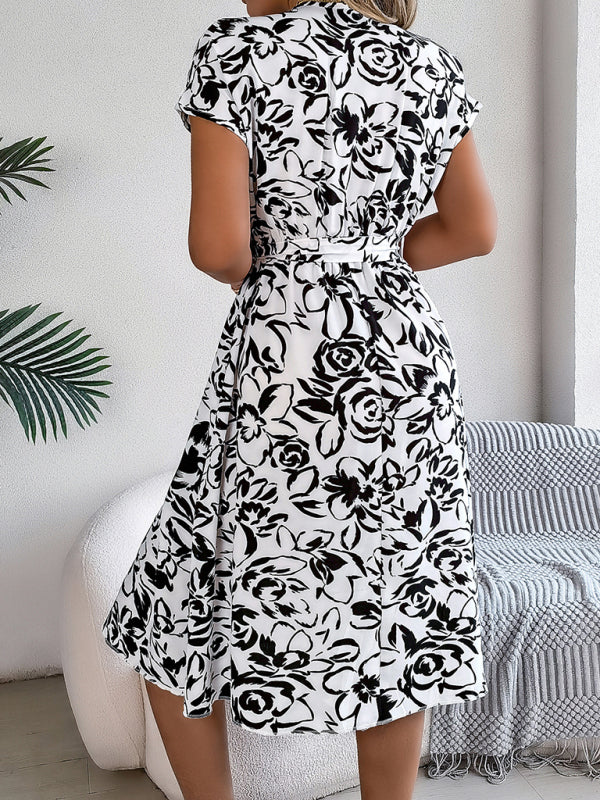 Floral Print V-Neck Button-Down Dress with Bat Sleeves Midi Dresses MyDresses 