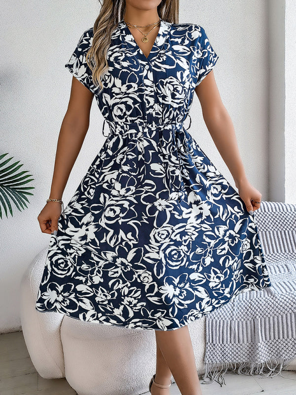 Floral Print V-Neck Button-Down Dress with Bat Sleeves Midi Dresses MyDresses Navy 8 | S 