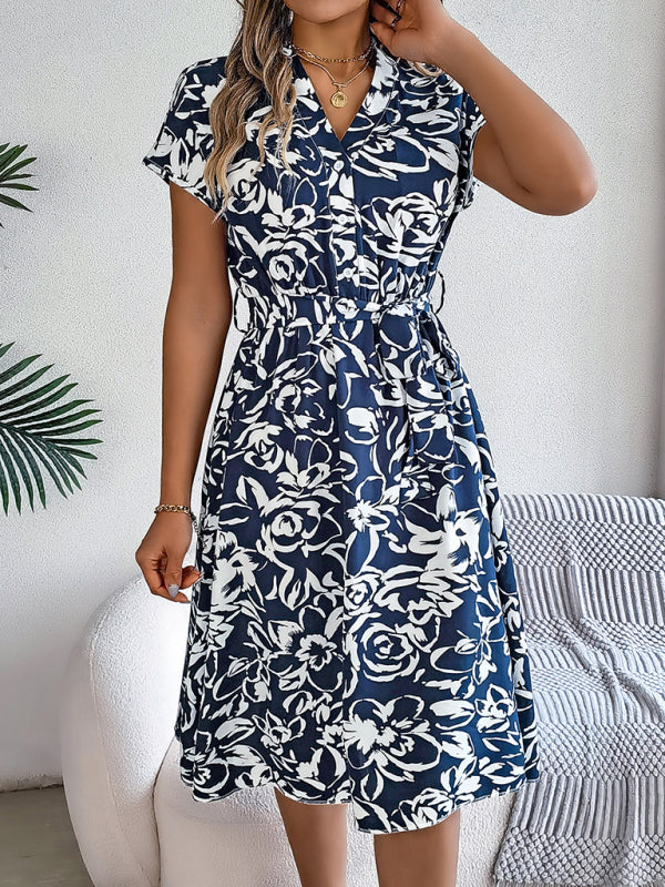 Floral Print V-Neck Button-Down Dress with Bat Sleeves Midi Dresses MyDresses 