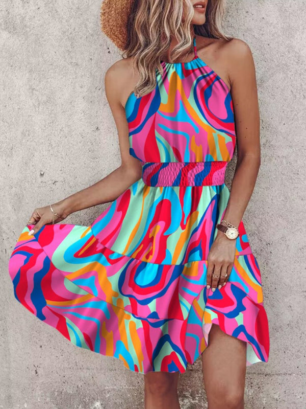 Halterneck Mini Dress with Tropical Print and Off-Shoulder Design Mini Dresses MyDresses Hot pink 8 | S 