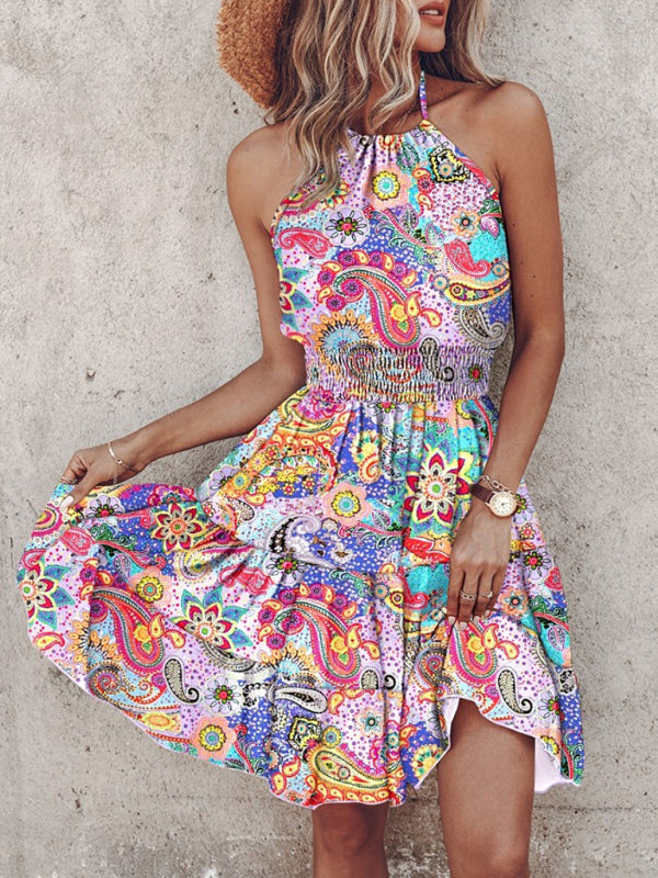 Halterneck Mini Dress with Tropical Print and Off-Shoulder Design Mini Dresses MyDresses Lavender 8 | S 