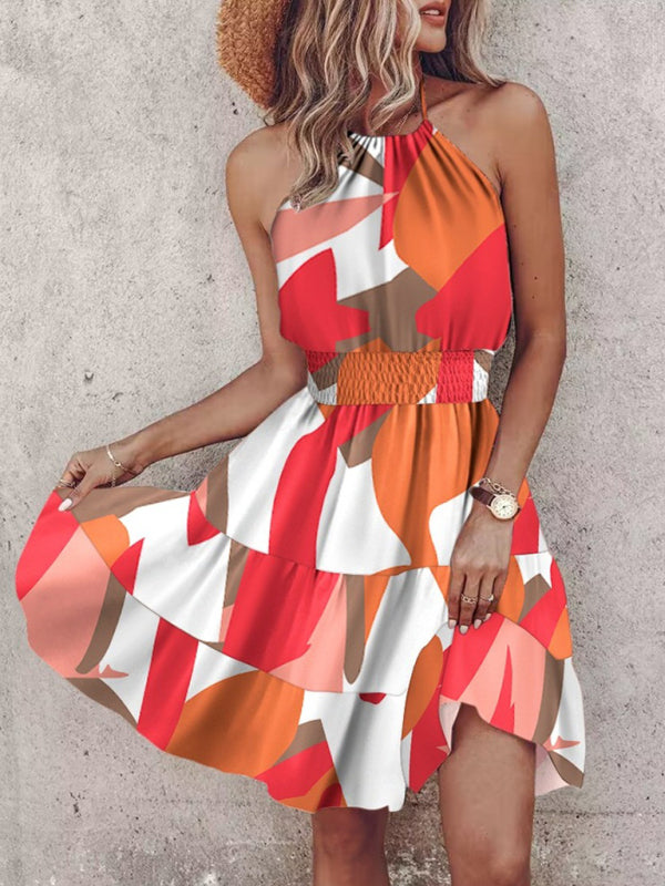 Halterneck Mini Dress with Tropical Print and Off-Shoulder Design Mini Dresses MyDresses Red 8 | S 