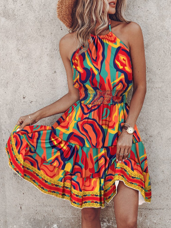 Halterneck Mini Dress with Tropical Print and Off-Shoulder Design Mini Dresses MyDresses Orange 8 | S 