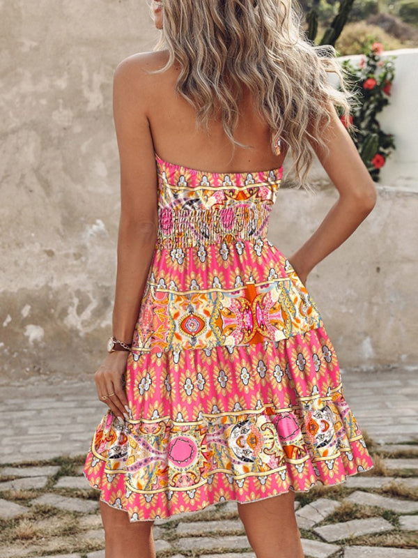 Halterneck Mini Dress with Tropical Print and Off-Shoulder Design Mini Dresses MyDresses 
