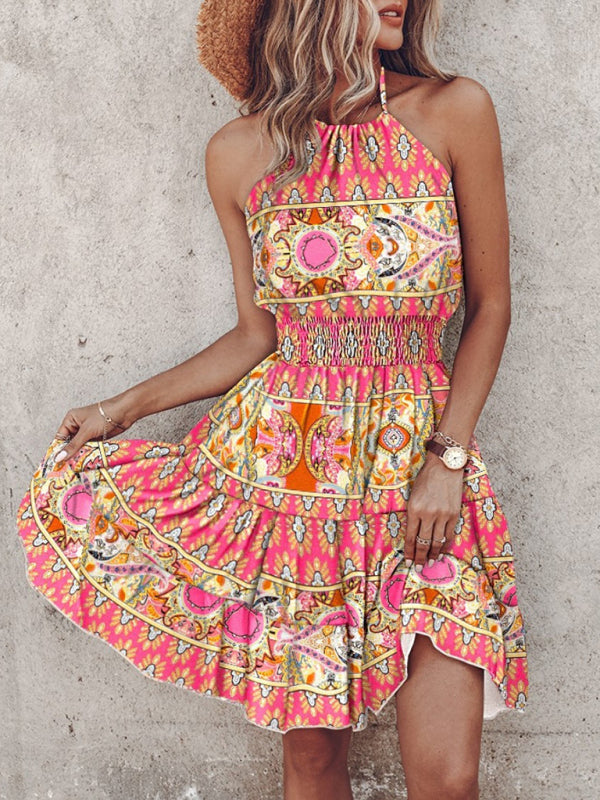 Halterneck Mini Dress with Tropical Print and Off-Shoulder Design Mini Dresses MyDresses Pink 8 | S 