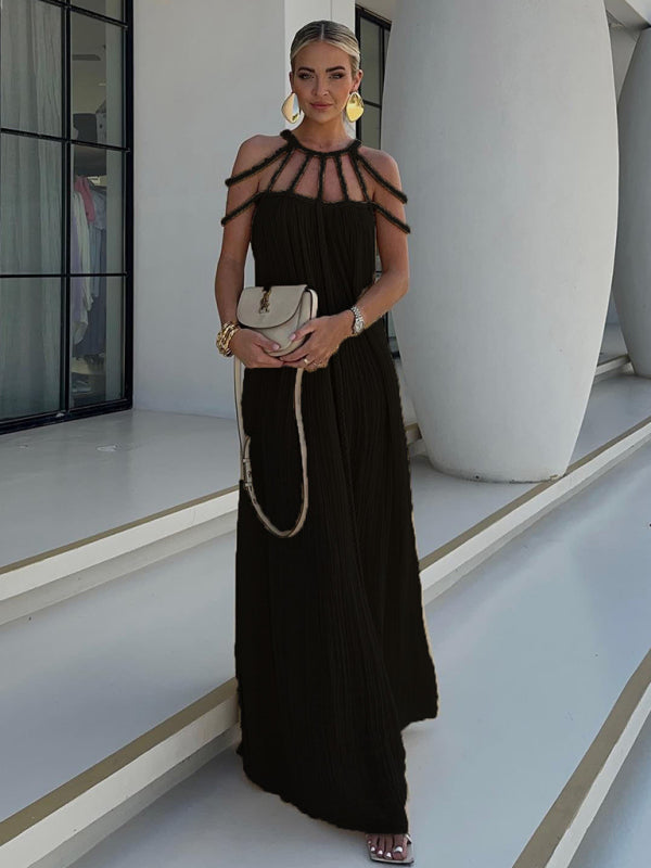 Strappy Neckline Maxi Dress with Pleated Texture and Geometric Design Group6 MyDresses Black FREESIZE | Unknown