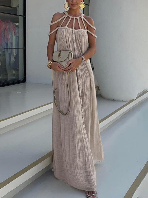 Strappy Neckline Maxi Dress with Pleated Texture and Geometric Design Group6 MyDresses Brown FREESIZE | Unknown