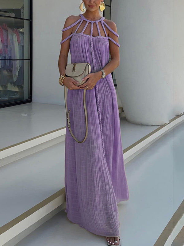 Strappy Neckline Maxi Dress with Pleated Texture and Geometric Design Group6 MyDresses Purple FREESIZE | Unknown