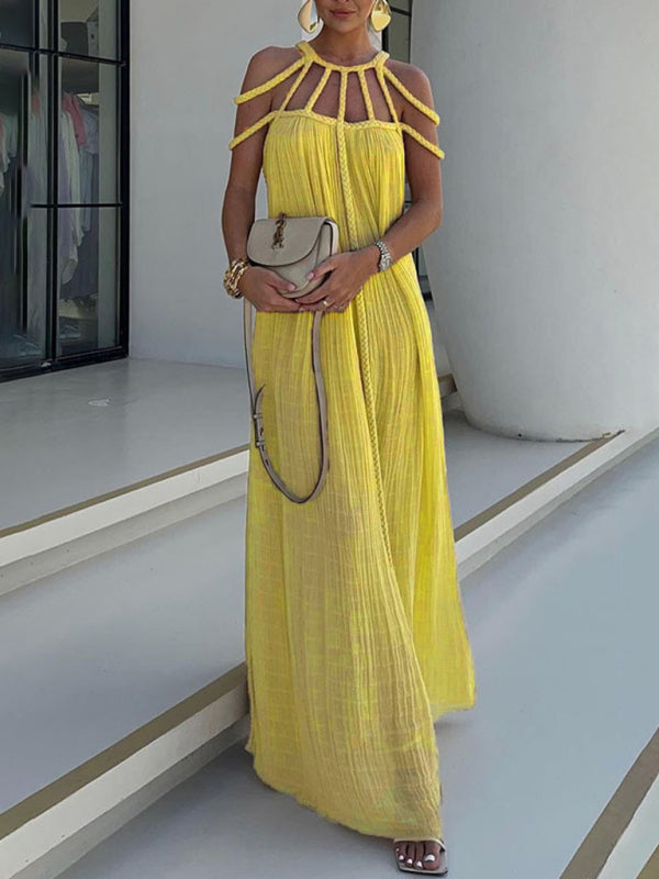 Strappy Neckline Maxi Dress with Pleated Texture and Geometric Design Group6 MyDresses Yellow FREESIZE | Unknown