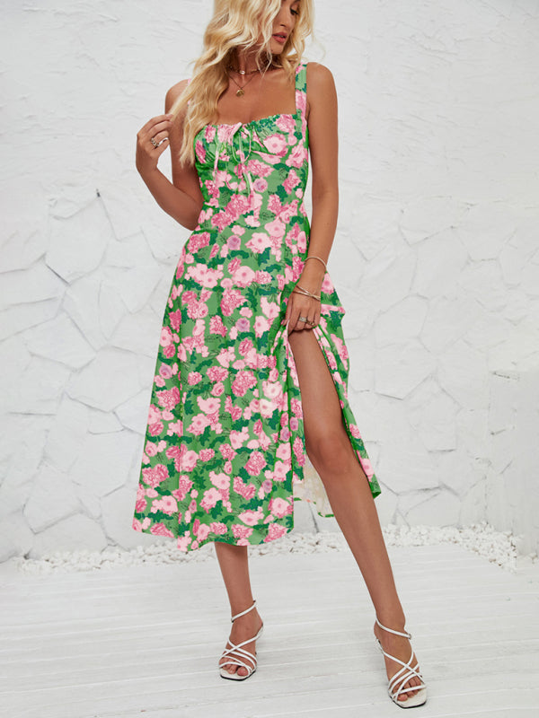Floral Print Midi Dress with Square Neckline and Front Tie Detail Midi Dresses MyDresses Green 8 | S 