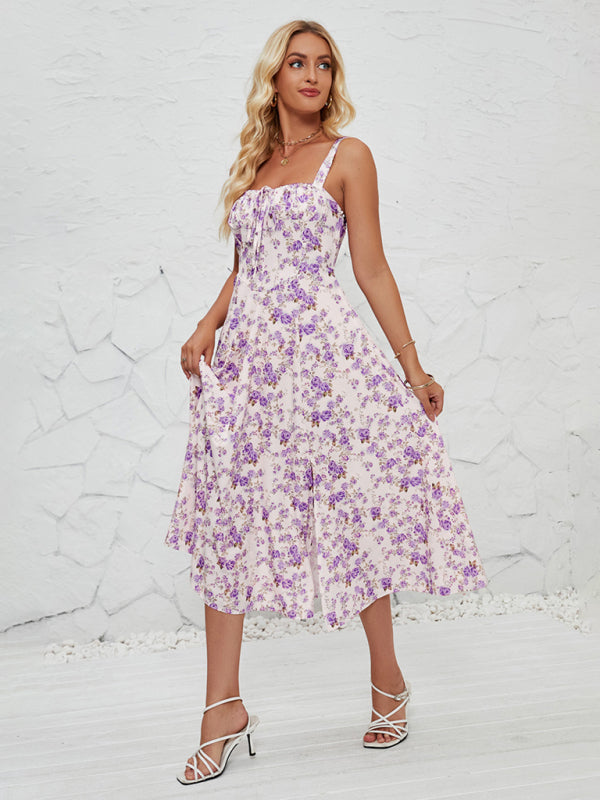 Floral Print Midi Dress with Square Neckline and Front Tie Detail Midi Dresses MyDresses 