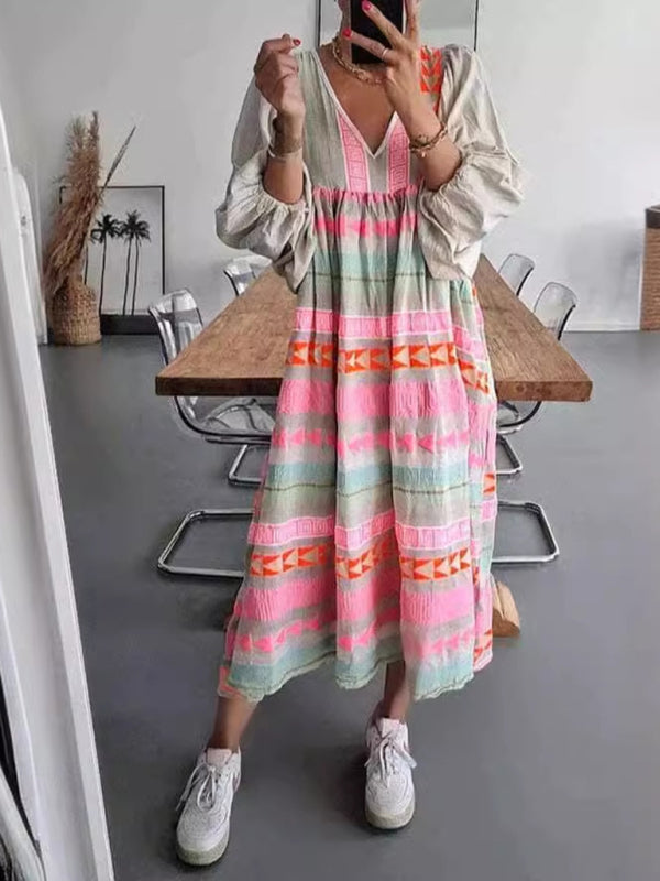 Geometric Print Midi Dress with Deep V-Neck and Puff Sleeves Group8 MyDresses Pink 8 | S