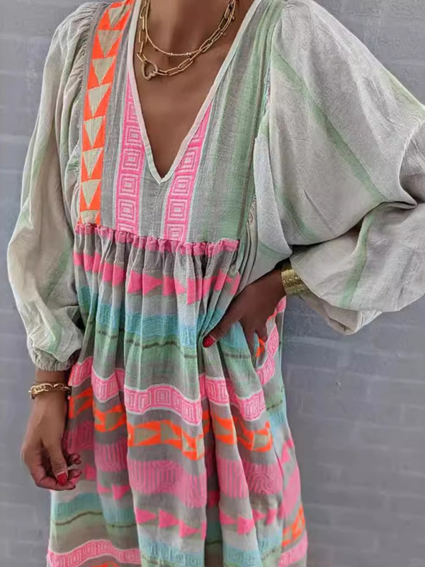 Geometric Print Midi Dress with Deep V-Neck and Puff Sleeves Group8 MyDresses