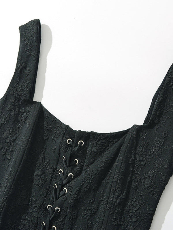 Lace-Up Mini Dress with Pleated Skirt and Embroidered Design Group14 MyDresses