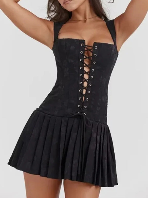 Lace-Up Mini Dress with Pleated Skirt and Embroidered Design Group14 MyDresses Black 8 | S