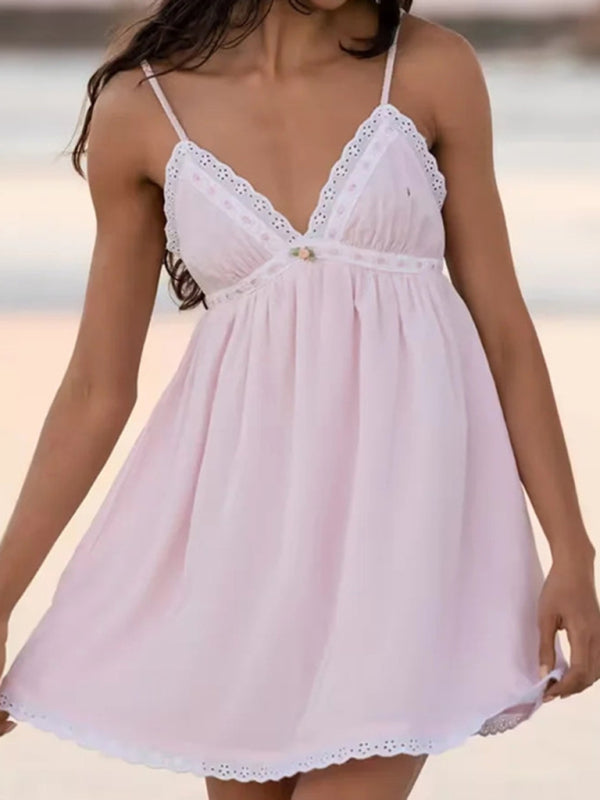 Lace V-neck Short Dress with Spaghetti Straps and Sweet Design Group14 MyDresses Pink 8 | S