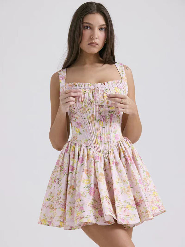 Ruched Bust Mini Dress with Fitted Bodice and Flared Skirt Mini Dresses MyDresses Pink 8 | S 