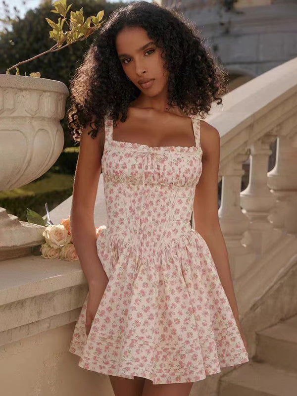 Ruched Bust Mini Dress with Fitted Bodice and Flared Skirt Mini Dresses MyDresses White / Pink 8 | S 
