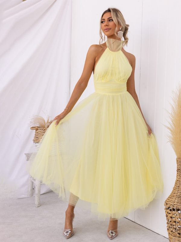 Halter Neck Midi Dress with Mesh Turtleneck Midi Dresses MyDresses Yellow 8 | S 