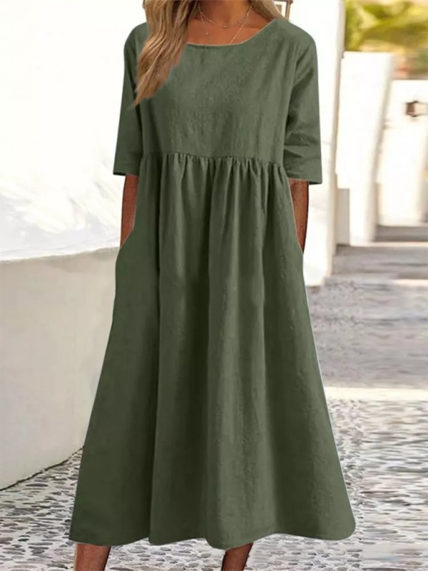Round Neck Midi Dress with Gathered Waist Midi Dresses MyDresses Olive green 8 | S 