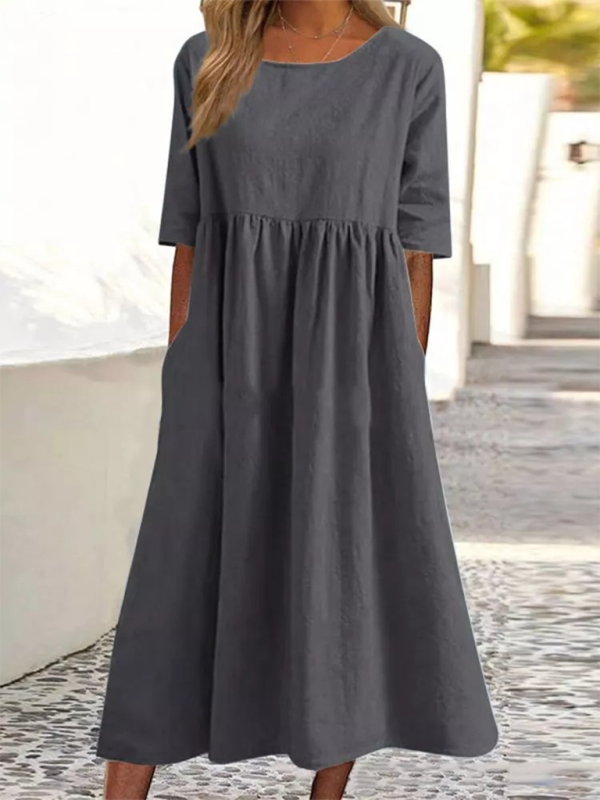Round Neck Midi Dress with Gathered Waist Midi Dresses MyDresses Grey 8 | S 