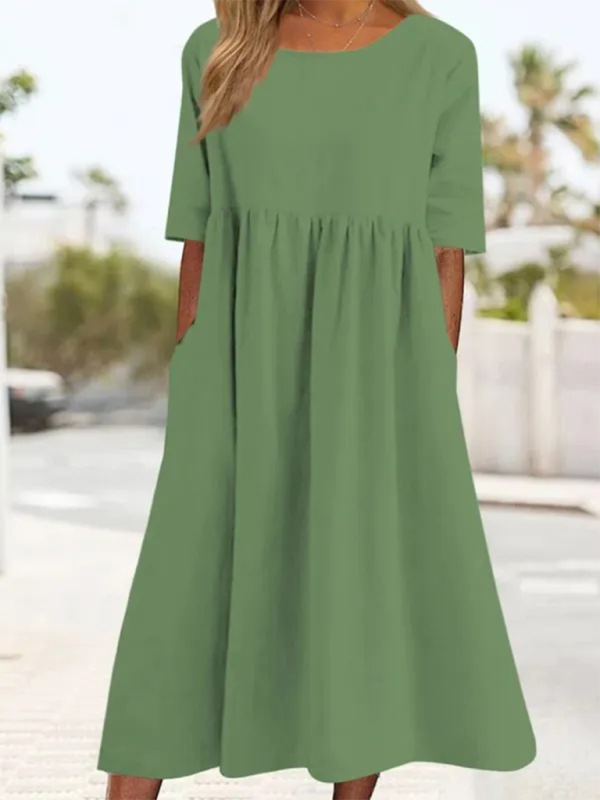 Round Neck Midi Dress with Gathered Waist Midi Dresses MyDresses Green 8 | S 