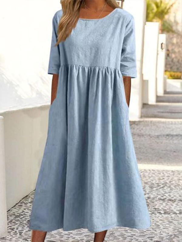 Round Neck Midi Dress with Gathered Waist Midi Dresses MyDresses Clear blue 8 | S 