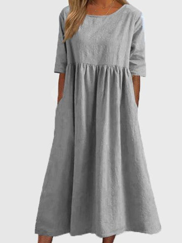 Round Neck Midi Dress with Gathered Waist Midi Dresses MyDresses Misty grey 8 | S 