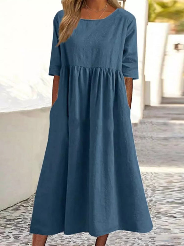 Round Neck Midi Dress with Gathered Waist Midi Dresses MyDresses Blue 8 | S 