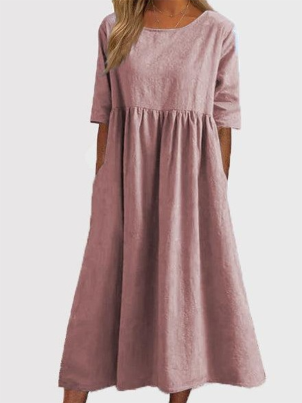Round Neck Midi Dress with Gathered Waist Midi Dresses MyDresses Pink 8 | S 