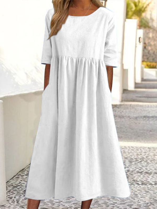 Round Neck Midi Dress with Gathered Waist Midi Dresses MyDresses White 8 | S 