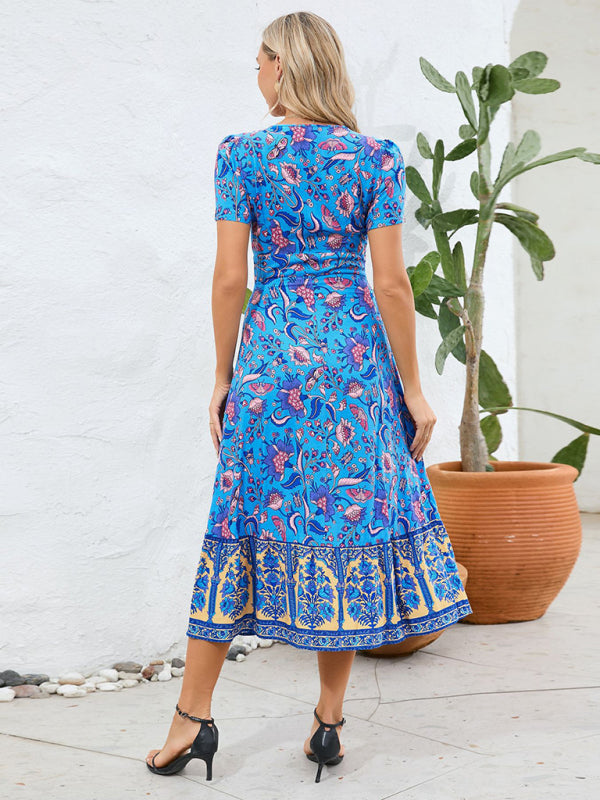 Bohemian V-Neck Midi Dress with Retro Floral Print Midi Dresses MyDresses 